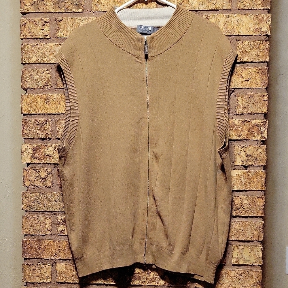 Talbots Pima Cotton Sweater Vest Zip Up Tan Size XL